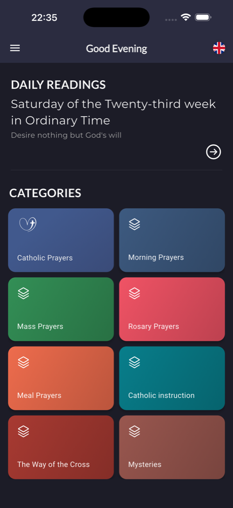 Catholic Prayers home screen with daily readings and colourful prayer categories