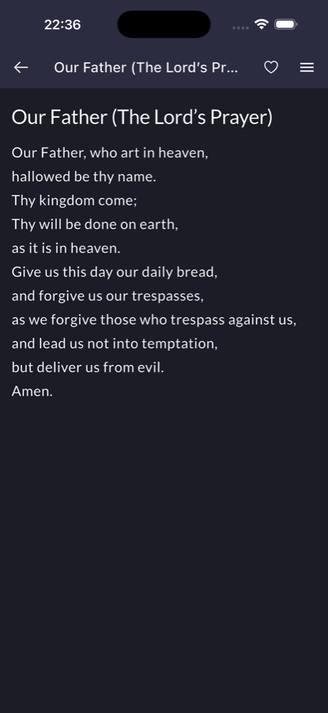 Our Father prayer in the app’s dark reading theme