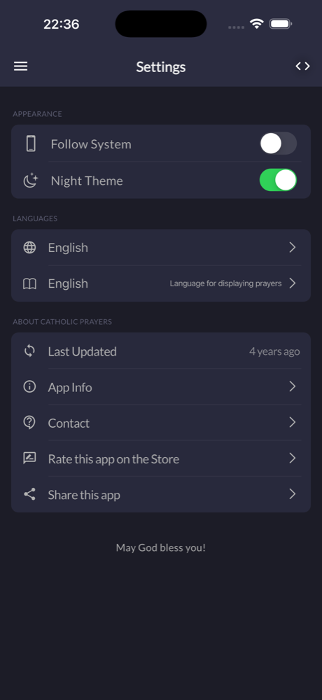 App settings with language and light or dark theme options